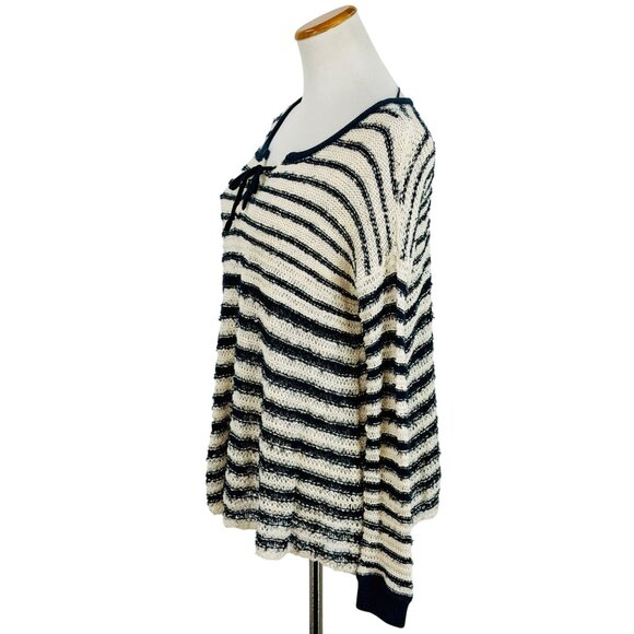 NWT Free People Navy White Striped Soft Knit Lace Up Sweater | Coastal Boho Prep - Picture 12 of 16